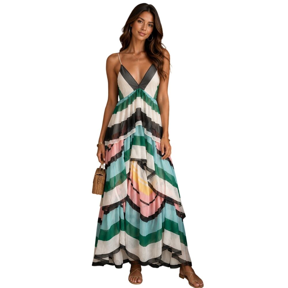 Asos Plunge Tiered Maxi Dress 4 NWT Stripe Coastal Resort Ruffle Travel